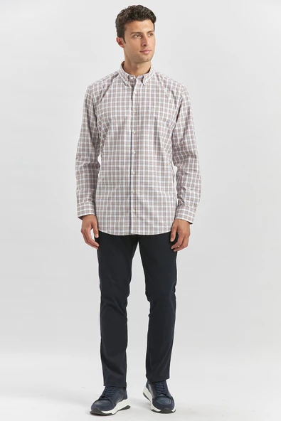 Kiremit Uzun Kol Ekose Desen Bez Ayağı Smart Düğmeli Yaka Classic Comfort Fit Gömlek 1004240253 - Resim 3