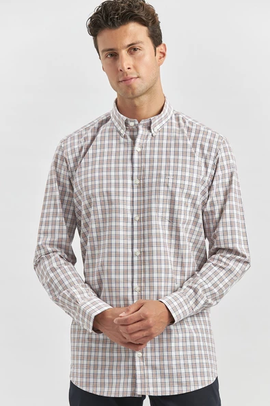 Kiremit Uzun Kol Ekose Desen Bez Ayağı Smart Düğmeli Yaka Classic Comfort Fit Gömlek 1004240253 - Resim 2