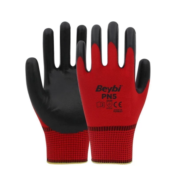 Beybi PN5 Kırmızı Polyester Örme Nitril İş Eldiveni 10 No 12 Çift