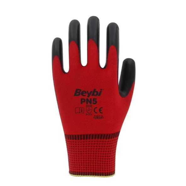 Beybi PN5 Kırmızı Polyester Örme Nitril Kaplı İş Eldiveni 9 No 12 Çift - 2