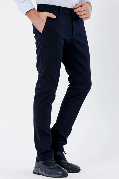Koyu Lacivert Pamuklu Yandan Cepli Casual Slim Fit Chino Pantolon 1003235117 - Resim 3