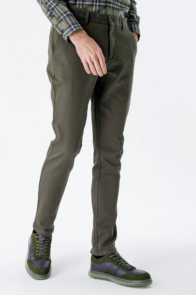 Koyu Haki Pamuklu Yandan Cepli Casual Slim Fit Chino Pantolon 1003235120 - Resim 4