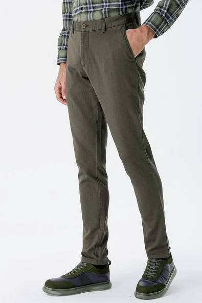 Koyu Haki Pamuklu Yandan Cepli Casual Slim Fit Chino Pantolon 1003235120 - Resim 6