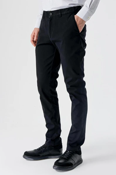 Siyah Pamuklu Yandan Cepli Casual Slim Fit Chino Pantolon 1003235117 - Resim 2