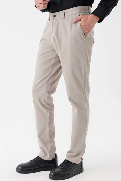 Açık Bej Pamuklu Yandan Cepli Casual Comfort Fit Chino Pantolon 1003235153