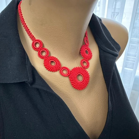 El Yapımı Bohem Model Halkalı Kolye (Kırmızı Renk) - 3