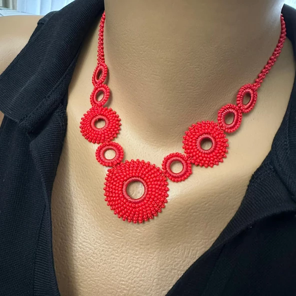 El Yapımı Bohem Model Halkalı Kolye (Kırmızı Renk) - 4