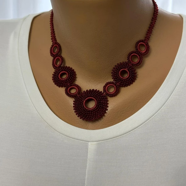 El Yapımı Bohem Model Halkalı Kolye (Bordo Renk) - 2