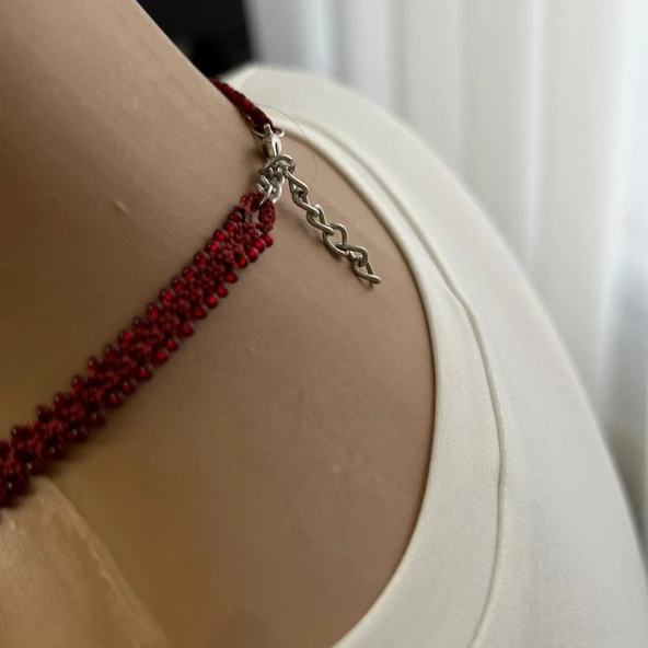 El Yapımı Bohem Model Halkalı Kolye (Bordo Renk) - 5