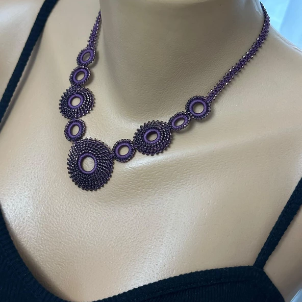 El Yapımı Bohem Model Halkalı Kolye (Mürdüm Renk) - 3