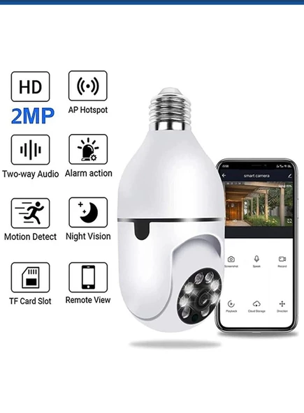 Wi-Fi Özellikli 360 Derece Harekete Duyarlı Gece Görüşlü Ampul Güvenlik Kamerası