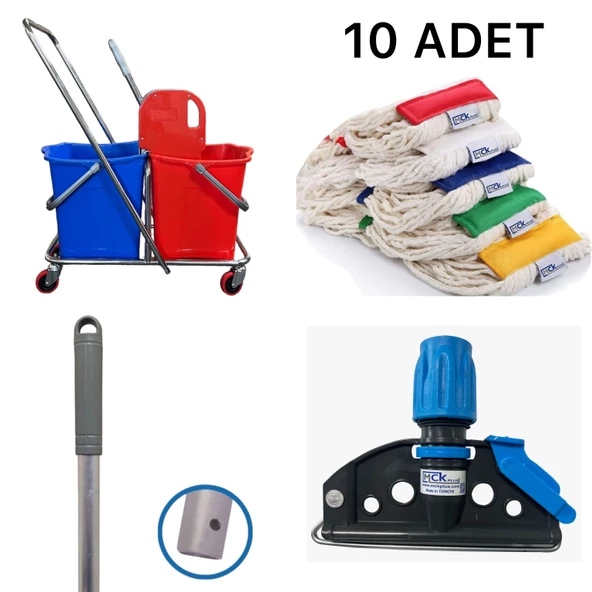 Çift Kovalı Krom Temizlik Arabası Paspas Arabası Islak Mop Seti 10 Adet Mop