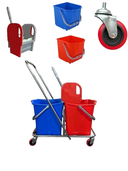 Çift Kovalı Krom Temizlik Arabası Paspas Arabası Islak Mop Seti 10 Adet Mop - Resim 4