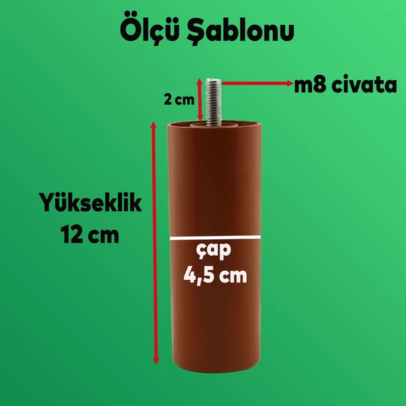 Mobilya Kanepe Koltuk Baza Yükseltme M8 Civatalı İnce Diş Destek Ayağı Ayakları Kahve 12 cm 8 Adet - 2