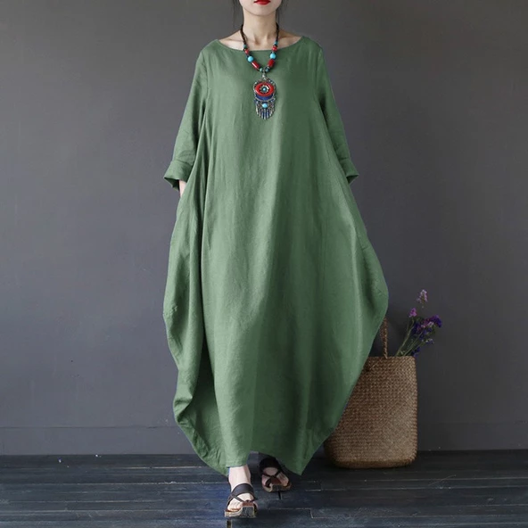 Keten Rahat Baharlık Salaş Panço Kadın Elbise