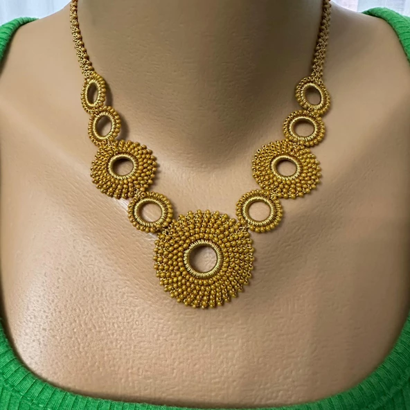 El Yapımı Bohem Model Halkalı Kolye (Hardal Renkli) - 2