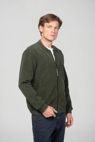 Erkek Kadife Ve Polar Laminasyon Kumaşlı Çift Fermuarlı İçi Astarsız Bomber Mont - 7