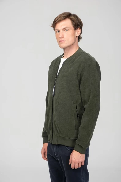 Erkek Kadife Ve Polar Laminasyon Kumaşlı Çift Fermuarlı İçi Astarsız Bomber Mont - 8