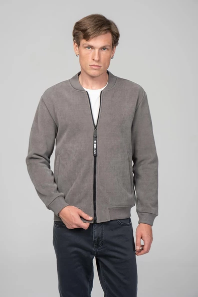 Erkek Kadife Ve Polar Laminasyon Kumaşlı Çift Fermuarlı İçi Astarsız Bomber Mont