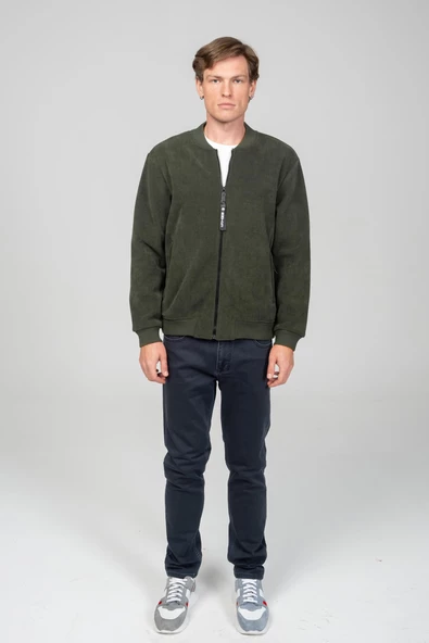 Erkek Kadife Ve Polar Laminasyon Kumaşlı Çift Fermuarlı İçi Astarsız Bomber Mont - 12