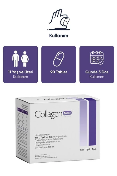 Collagen Forte Platinum Premium 3 Tip Kolajen, Hyalüronik Asit, Çinko, Selenyum, Vitamin C-e-d3 & Probiyotik, 90 Tablet - 2
