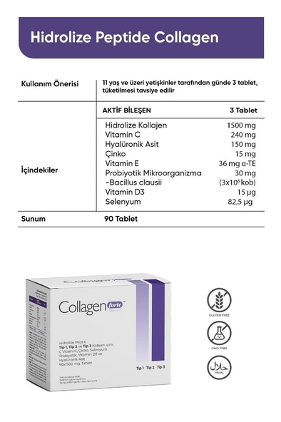 Collagen Forte Platinum Premium 3 Tip Kolajen, Hyalüronik Asit, Çinko, Selenyum, Vitamin C-e-d3 & Probiyotik, 90 Tablet - 4