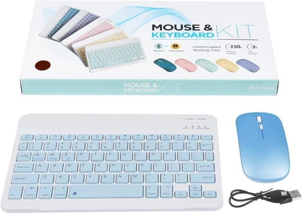 Hometech Alfa 8 MRC 8" Uyumlu Kablosuz Bluetooth Şarj Edilebilir Klavye Mouse Seti - Mavi - 8