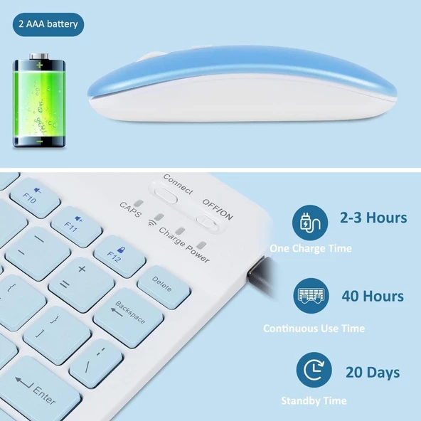 Hometech Alfa 8 MRC 8" Uyumlu Kablosuz Bluetooth Şarj Edilebilir Klavye Mouse Seti - Mavi - 2