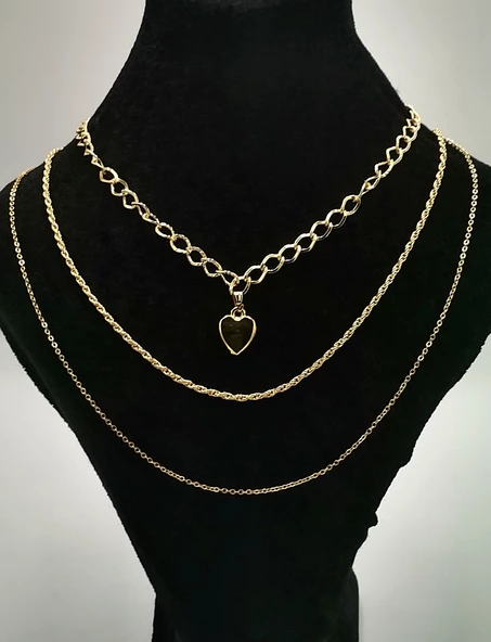 Üçlü  Sarı  Renk Zincirli Figürlü Lüks Kararmaz Kolye ürün görseli 1