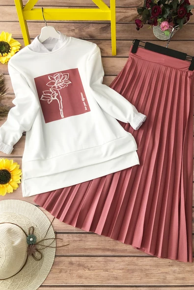 Etek Sweet Takım 2 parça Pliseli Lastikli Etek Üstü Sweet Bluz - 6