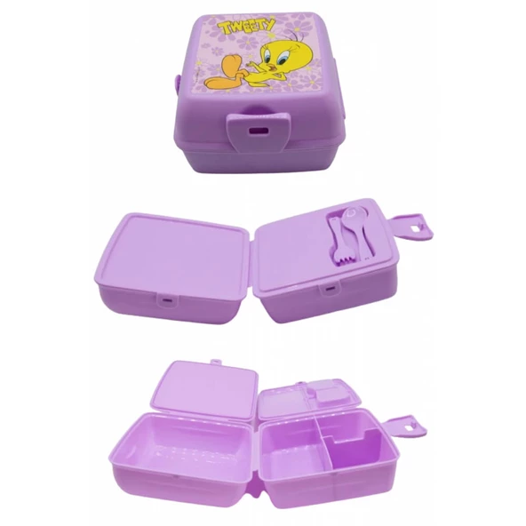 Piev 2 Bölmeli Kilitli Çatal Kaşıklı Tweety Beslenme Kabı Lila - 2