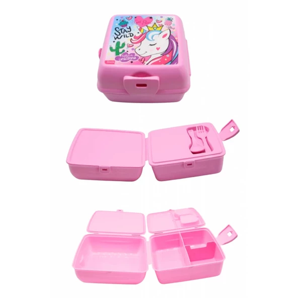Piev 2 Bölmeli Kilitli Çatal Kaşıklı Unicorn Beslenme Kabı Pembe - 2