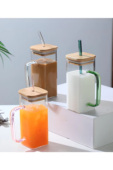 Kapaklı Kare Kupa Renkli Kulp Katmanı İçme Cam Bardakları Buzlu Kahve Bardağı 350ml - 1