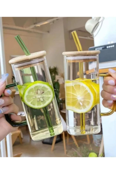 Kapaklı Kare Kupa Renkli Kulp Katmanı İçme Cam Bardakları Buzlu Kahve Bardağı 350ml - 2