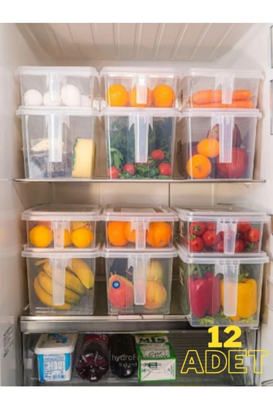 12'li Tutma Kollu Kapaklı Erzak Saklama Buzdolabı Düzenleyici Organizer (6x4lt+6x8lt)