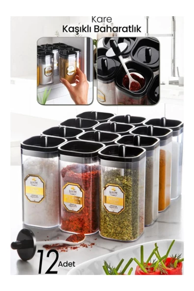 12 Adet Kendinden Kaşıklı Baharatlık Seti Baharatlık Etiket Hediyeli Seti Takımı (300ml) - 2