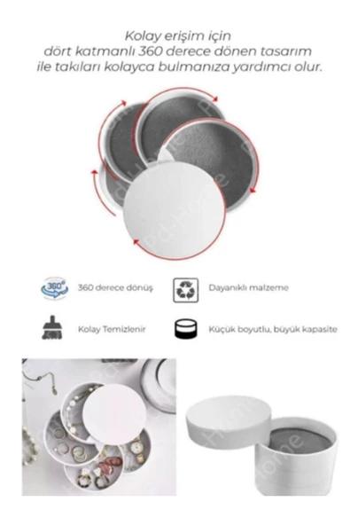 4 Katlı Dönebilen Silindir Takı Organizeri Makyaj Yüzük Küpe Toka Kutusu (10x10cm) - 2