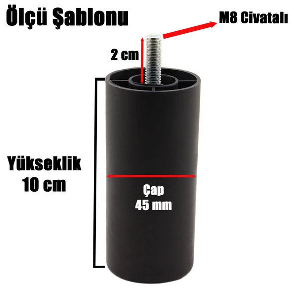Mobilya Kanepe Koltuk Baza Yükseltme M8 Civatalı İnce Diş Destek Ayağı Ayakları Siyah 10 cm 8 Adet - 2