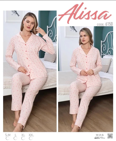 Emilylux Alissa 6150 Bayan Somon Yıldızlı Patlı Uzun Kol Pijama Takımı