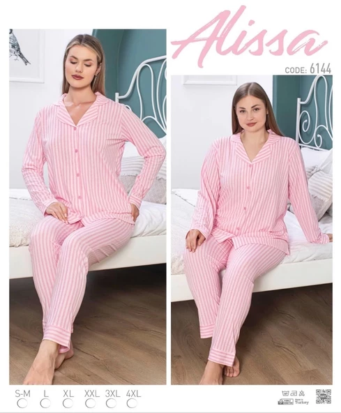 Emilylux Alissa 6144 Bayan Pembe Çizgili Patlı Uzun Kol Pijama Takımı