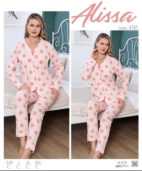 Emilylux Alissa 6151 Bayan Somon Puanlı Patlı Uzun Kol Pijama Takımı