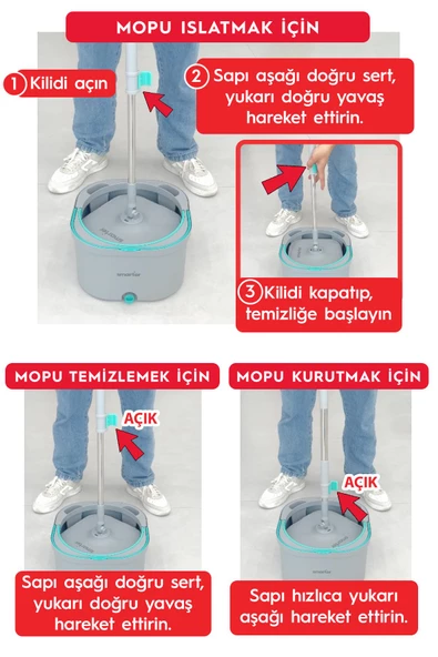 SMARTER AQUA MAX TEMİZ & KİRLİ SUYU AYIRMA ÖZELLİĞİ ÇİFT KOVA OTOMATİK TEMİZLİK SETİ MOP PASPAS - 7