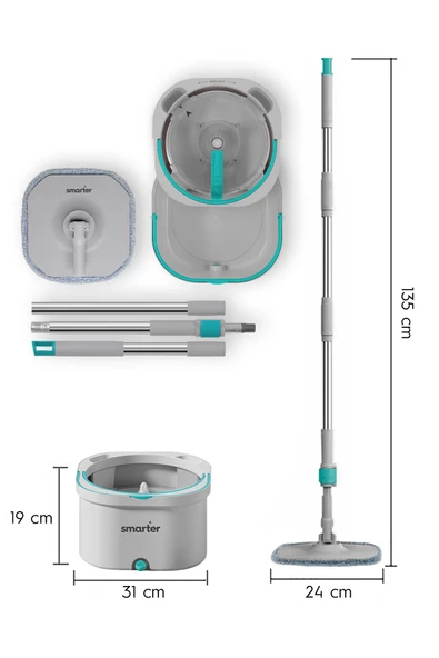 SMARTER AQUA MAX TEMİZ & KİRLİ SUYU AYIRMA ÖZELLİĞİ ÇİFT KOVA OTOMATİK TEMİZLİK SETİ MOP PASPAS - 3