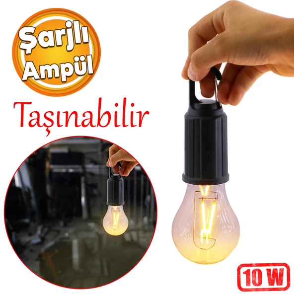 Rustik Taşınabilir Şarjlı Tasarruflu Ampul 10W Led Lamba Type-c Şarj Askılı Asma Aydınlatma