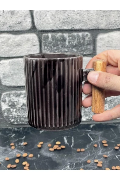Ahşap Kulplu Seramik Mug Kupa Bardak 225cc 1 Adet Kahverengi - 2