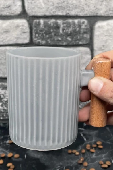 Ahşap Kulplu Seramik Mug Kupa Bardak 225cc 1 Adet Gri - 2