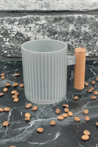 Ahşap Kulplu Seramik Mug Kupa Bardak 225cc 1 Adet Gri