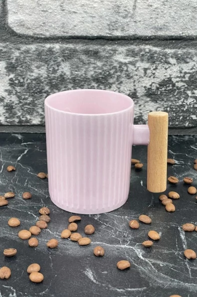 Ahşap Kulplu Seramik Mug Kupa Bardak 225cc 1 Adet Pembe