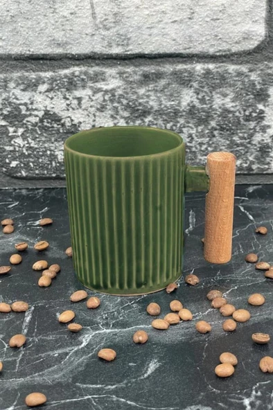 Ahşap Kulplu Seramik Mug Kupa Bardak 225cc 1 Adet Haki Yeşil - 1
