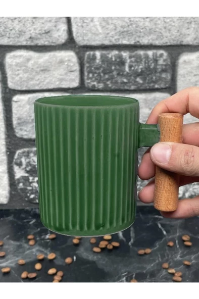 Ahşap Kulplu Seramik Mug Kupa Bardak 225cc 1 Adet Haki Yeşil - 2